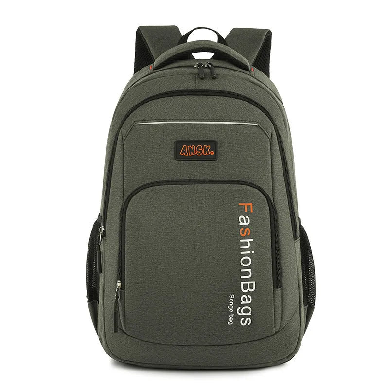 Nylon backpack in four colour options showing multiple compartments including laptop sleeve and breathable shoulder straps