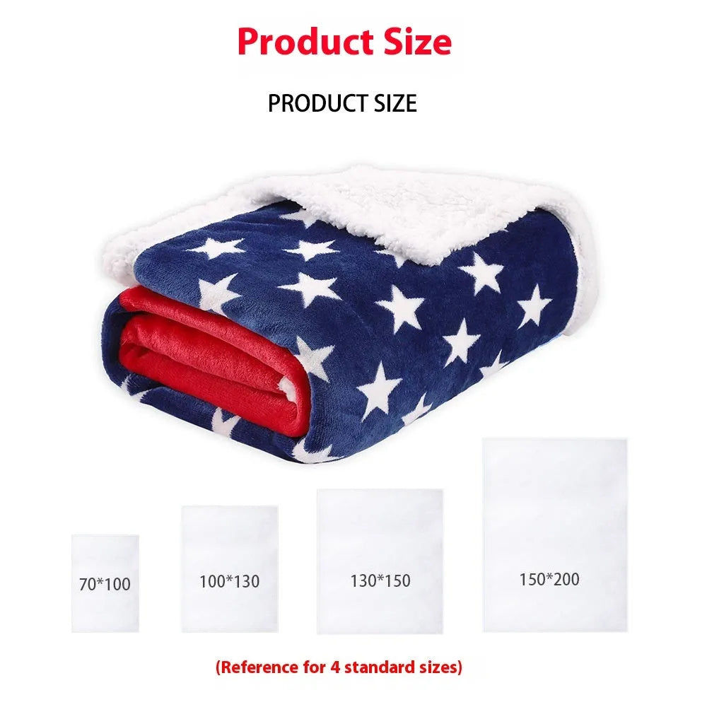 Lambswool blend polyester blanket with American stripe pattern showing three size options