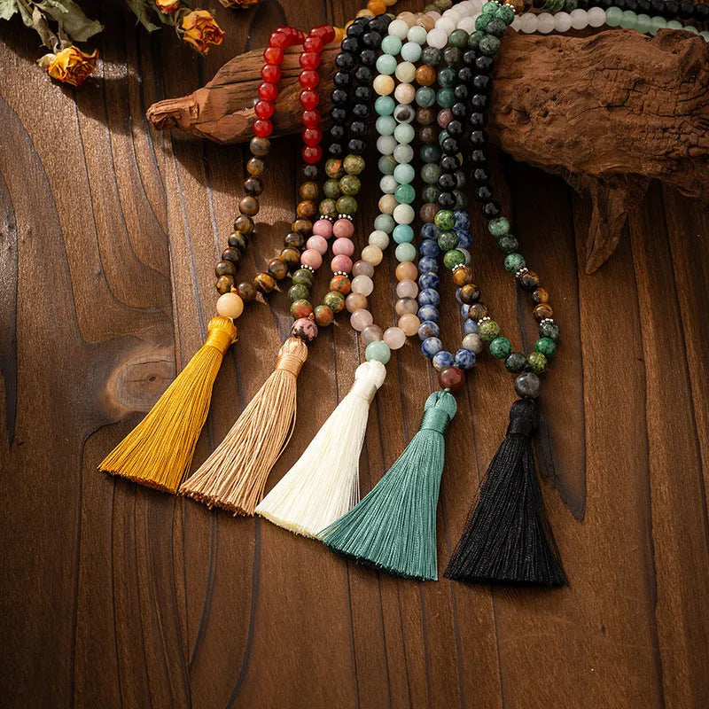 Vintage tassel bohemian style natural stone beaded long sweater chain necklace with geometric beads