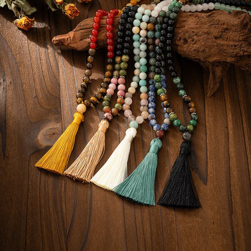 Vintage tassel bohemian style natural stone beaded long sweater chain necklace with geometric beads