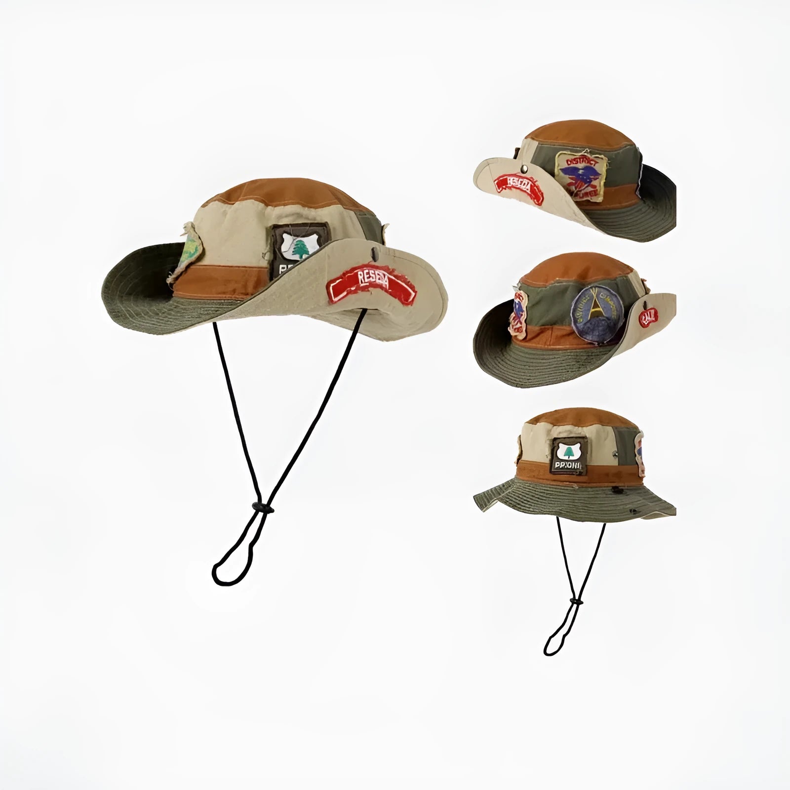 Army green foldable fisherman hat with flat top crown and patchwork cotton fabric design