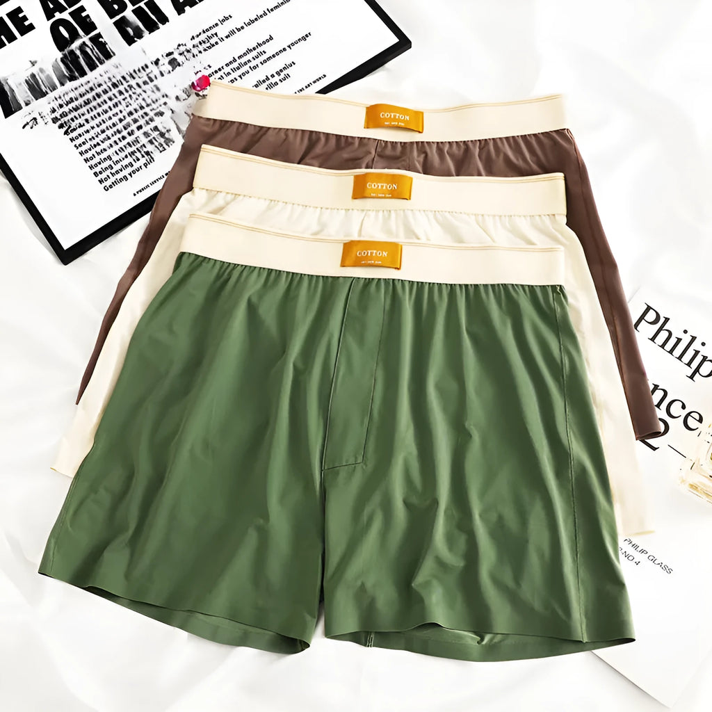 Men's ice silk underwear three-pack showing loose fit and solid colour options