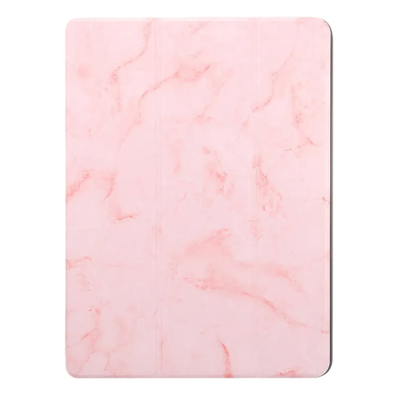 Imitation leather iPad tri-fold case with marbling pattern and built-in pen slot, shown in dark grey.