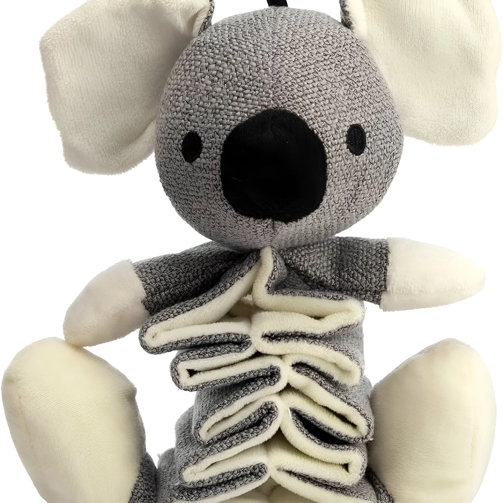 Grey koala plush dog toy measuring 30cm with rope reinforcement and crinkle paper inside.