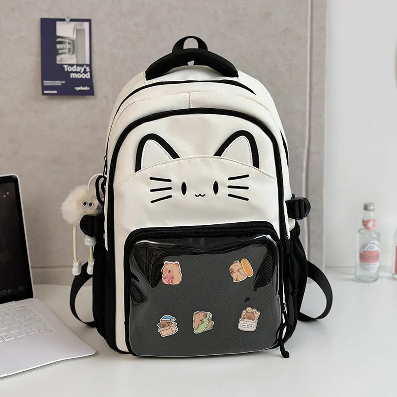 Korean cartoon animation style backpack in two sizes with curved shoulder straps.