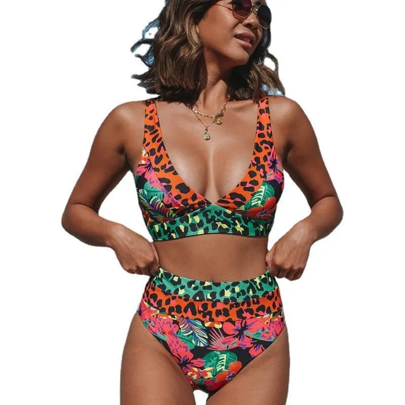 Women's high waist floral print bikini set in polyester for swimming