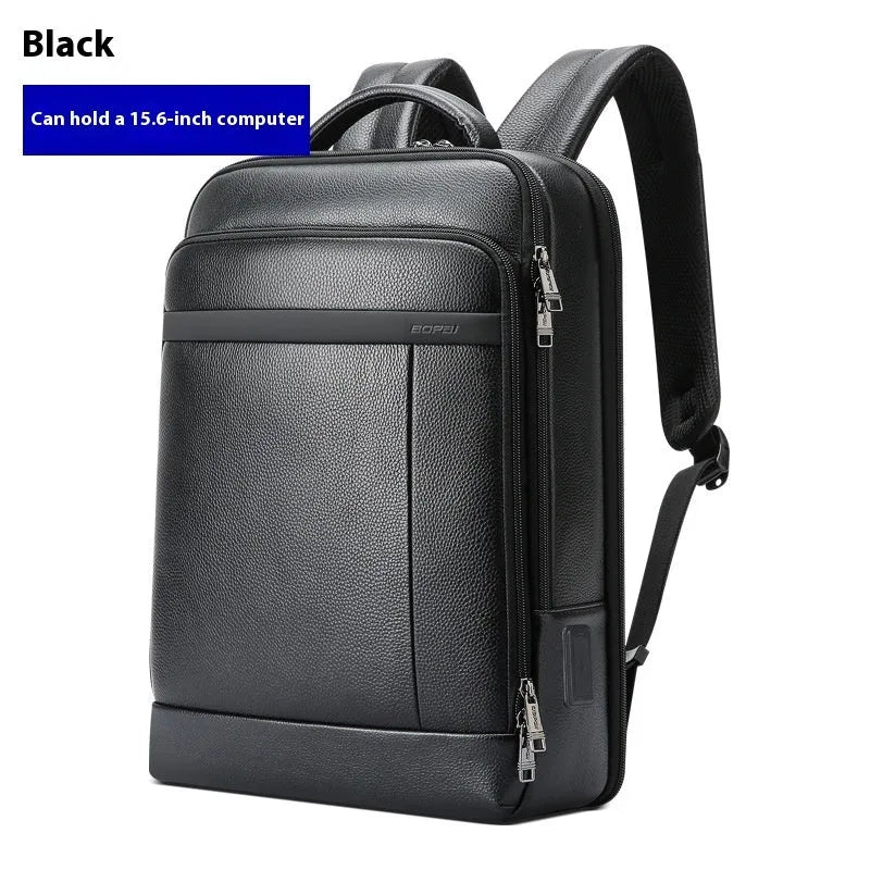 Black genuine cowhide leather business backpack with USB charging port and curved shoulder straps