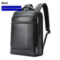 Black genuine cowhide leather business backpack with USB charging port and curved shoulder straps