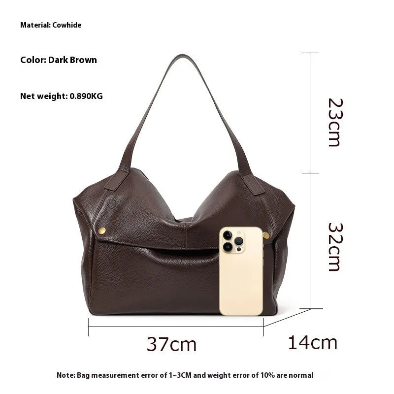 Brown genuine leather women's shoulder bag with horizontal square shape and internal organiser compartment