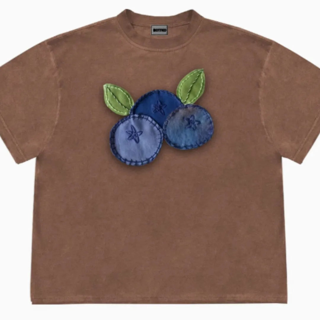 Women's loose fit blueberry patchwork T-shirt with fruit print on ice oxygen cotton.
