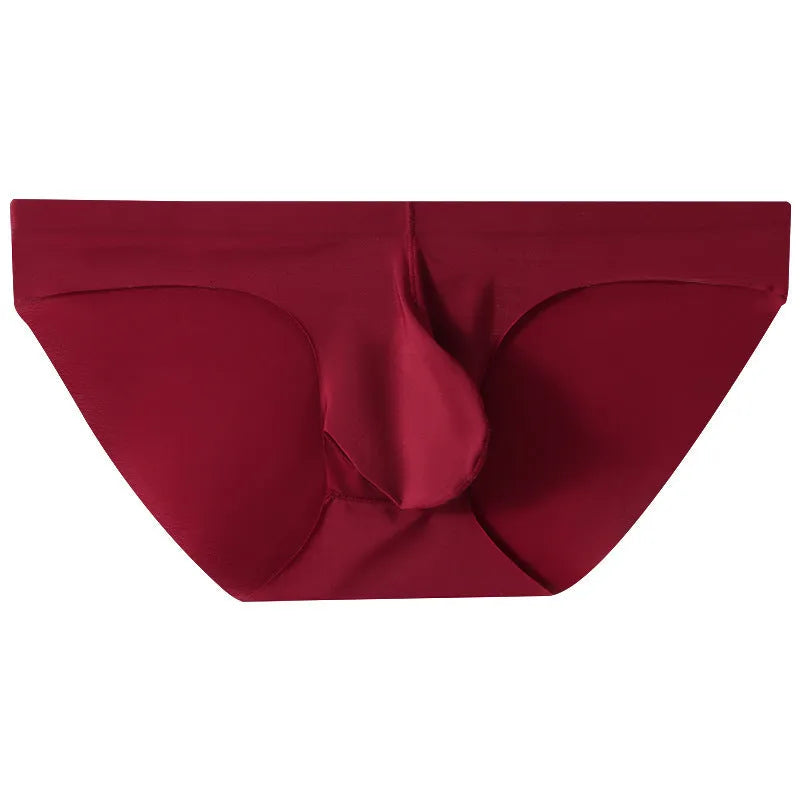 Ice silk seamless men's briefs in a dark colour showing mid waist fit and bullet separation pouch design.
