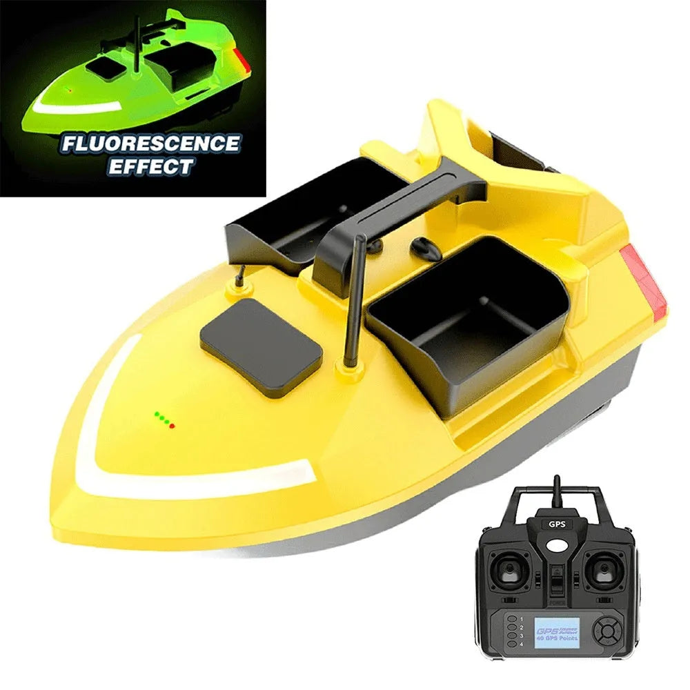 V020 GPS remote control fishing boat in luminous yellow with remote controller, showing LED light and drip bait function.