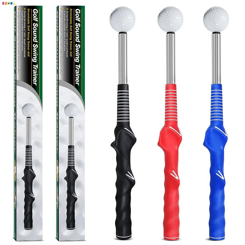 Stainless steel telescopic golf swing trainer simulator in black, blue, or red.