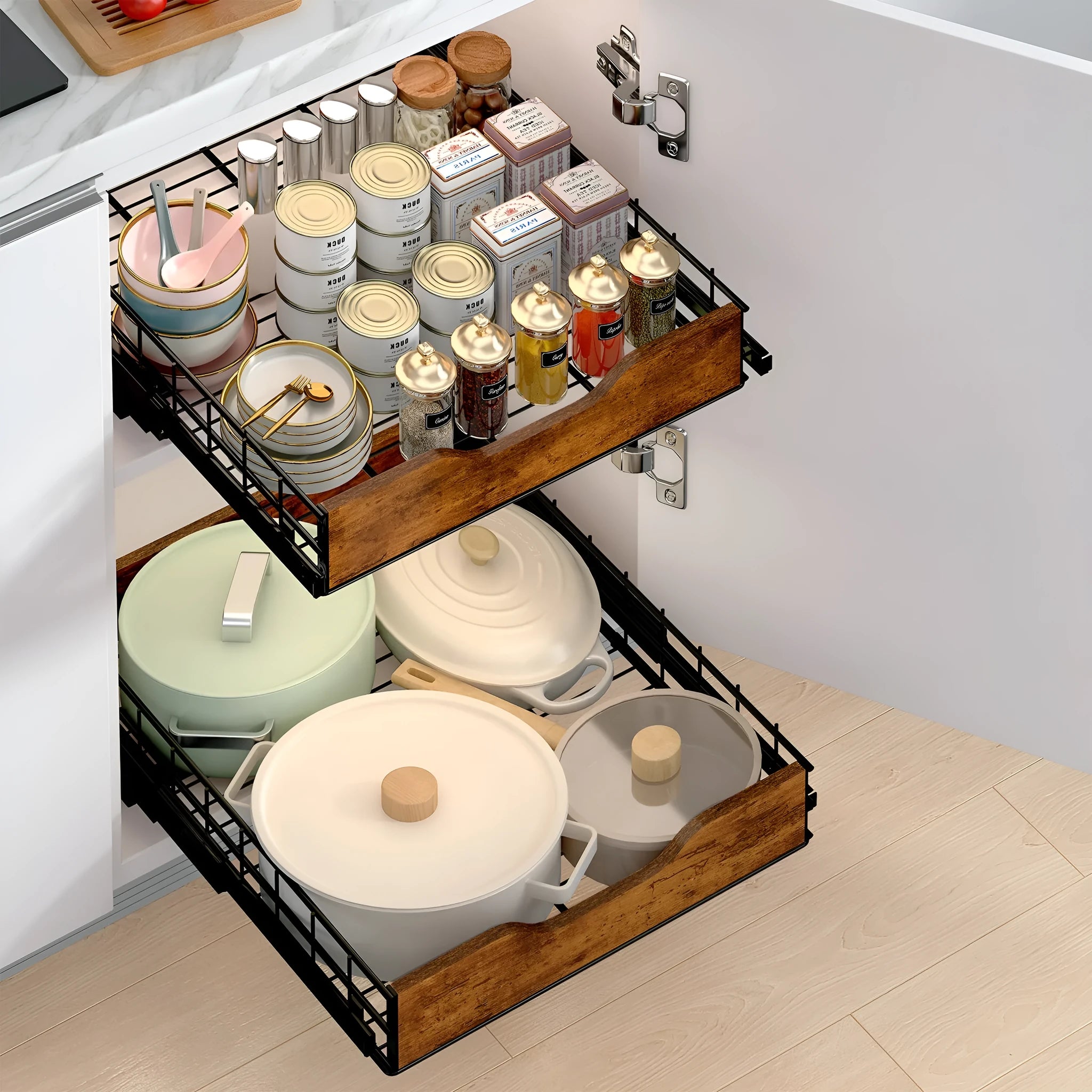 Black simple modern pull basket storage rack made from wood and iron