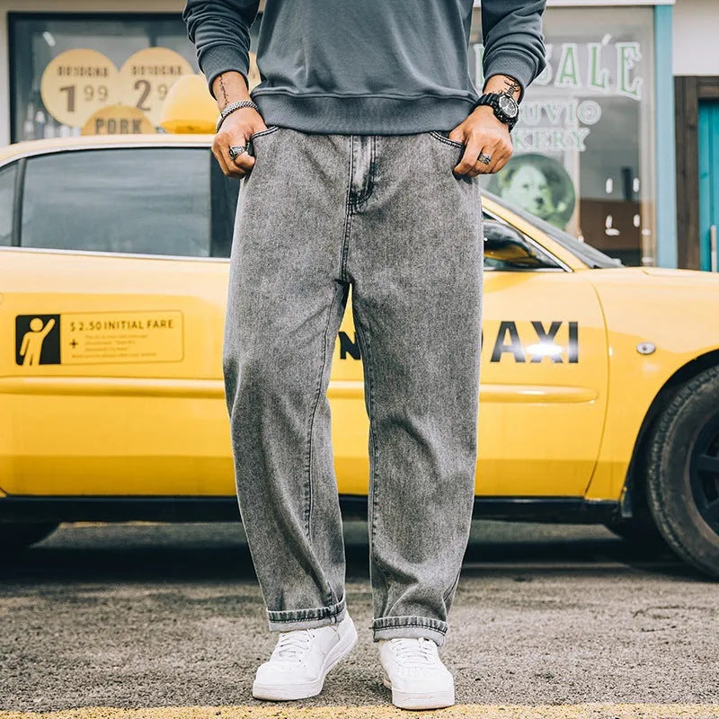 Men's loose straight casual jeans in dark blue, light blue, and grey colour options