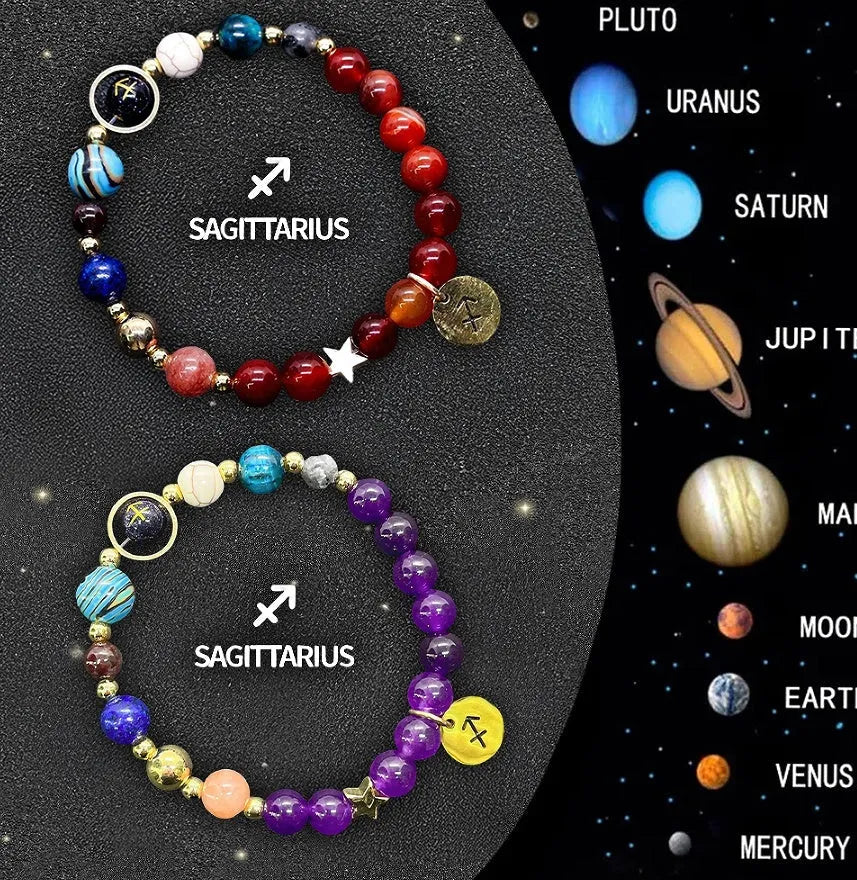 Natural stone beaded bracelets showing zodiac sign designs for all twelve star symbols