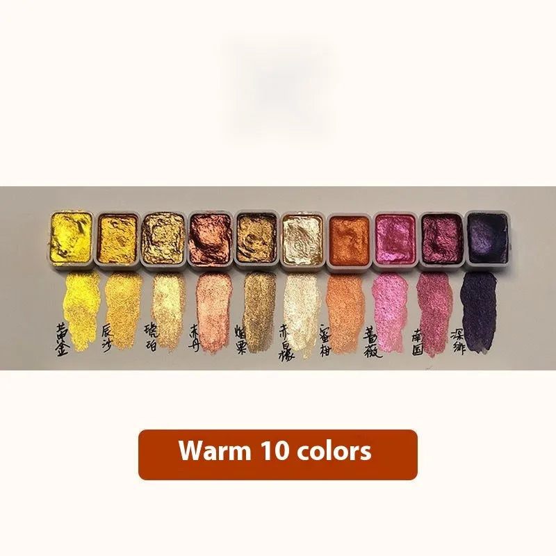 Traditional Chinese painting watercolour set with mineral pearlescent pigments including metallic gold paints