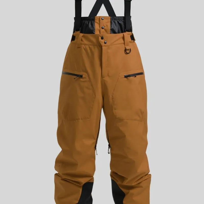 Men's black linen waterproof ski trousers with a thickened strap, laid flat.