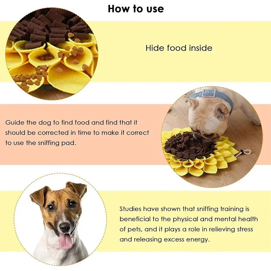 Yellow sunflower-shaped dog snuffle mat with fleece folds for hiding treats.