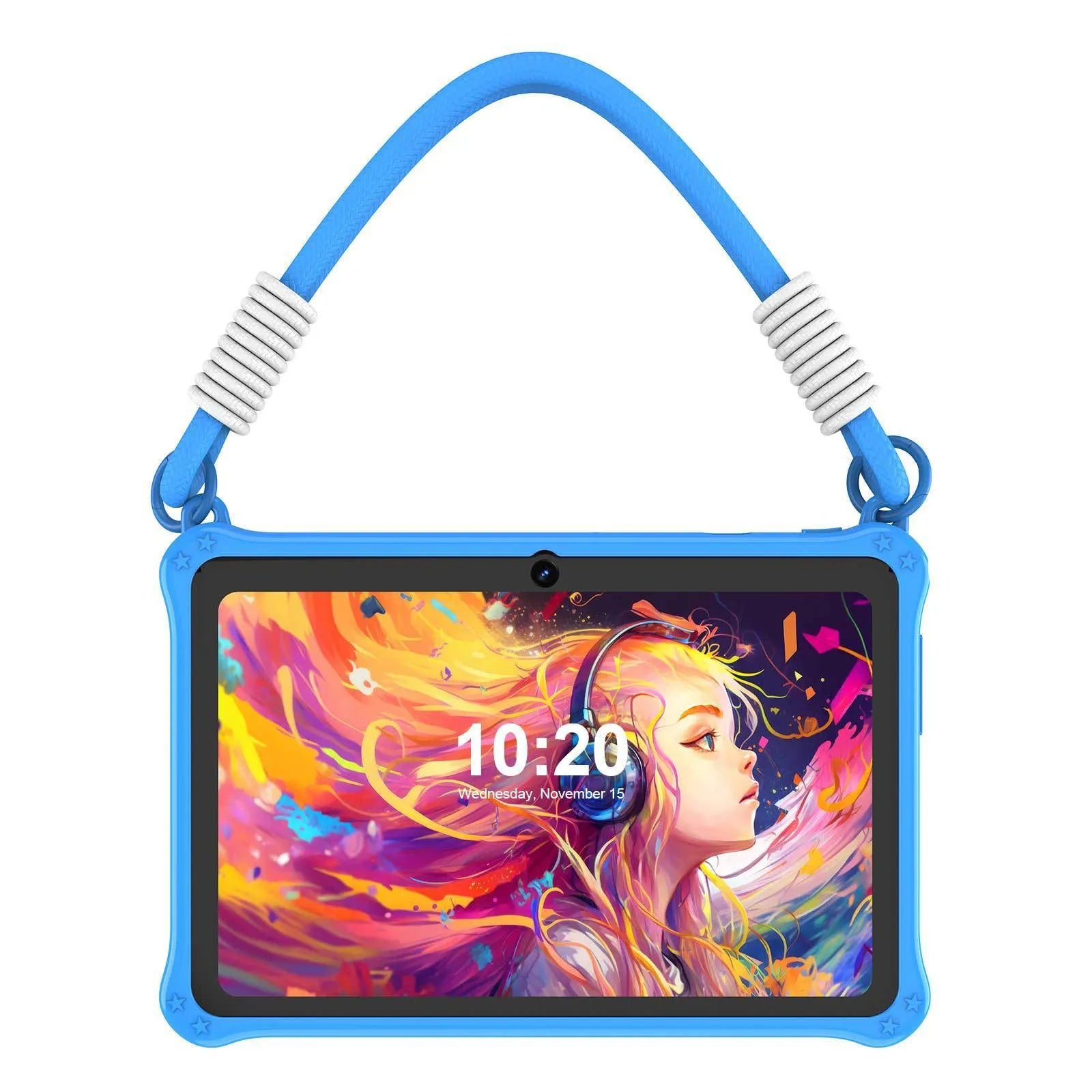 Sapphire blue silicone protective case for a 7-inch children's tablet on a table.