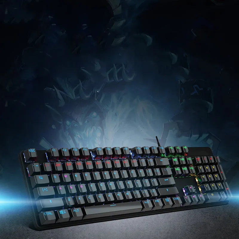 AOC GK410 mechanical keyboard with 104 keys, USB cable, and metal construction showing keyboard from top angle