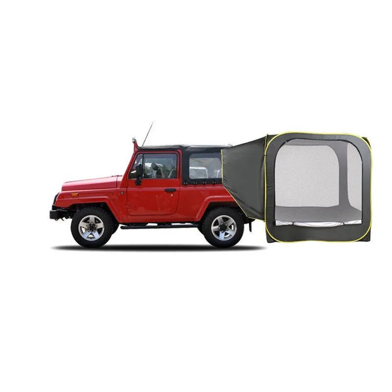 Black pop-up car tailgate tent unfolded, showing quick-throw design and cubic 200cm dimensions.