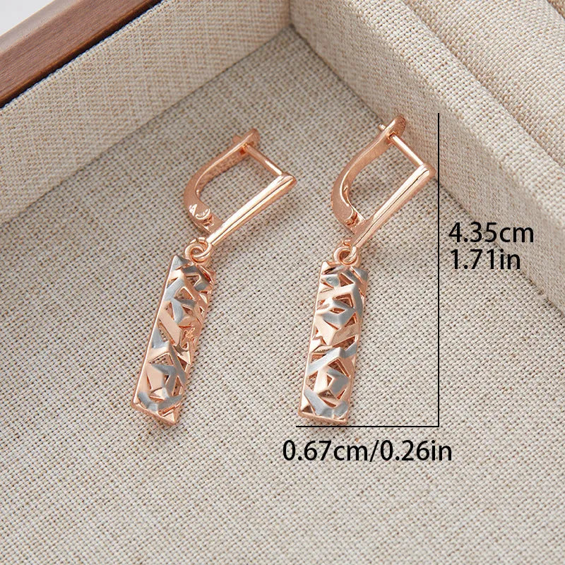 Rectangular two-tone hollow stud earrings with geometric design and electroplated alloy construction