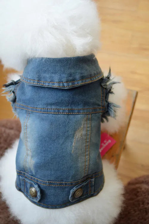 Denim dog vest with retro scratch pattern in dark and light colours for small to medium breeds