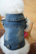 Denim dog vest with retro scratch pattern in dark and light colours for small to medium breeds