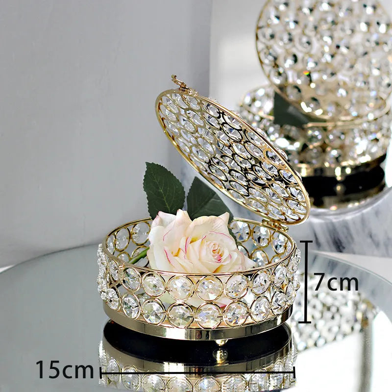French gold European style jewelry storage box with crystal glass transparent panels and iron construction
