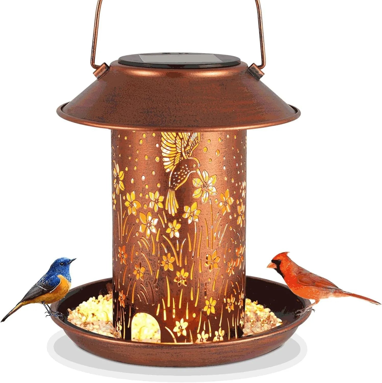 Solar-powered iron bird feeder with hummingbird pattern and integrated LED light for outdoor gardens