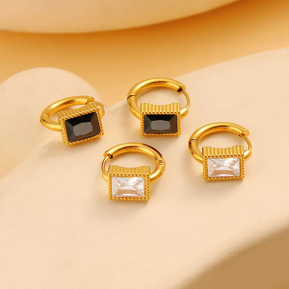 Geometric square zircon stainless steel earrings in white, black, or green colour options