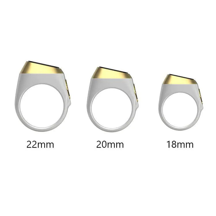 Zikr1 Lite Tasbih smart ring in silver on a charging case with USB cable.