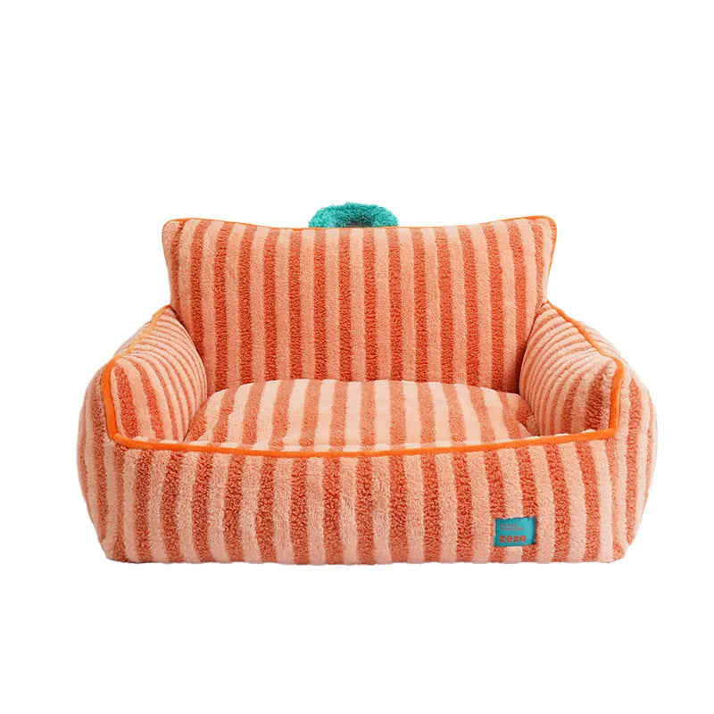 Striped soft velvet pet bed with removable cover in orange, purple, or yellow colour options.