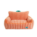 Striped soft velvet pet bed with removable cover in orange, purple, or yellow colour options.
