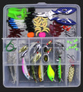 Fishing lure suit set showing soft plastic baits in frog patterns with colour thread inside PP storage box