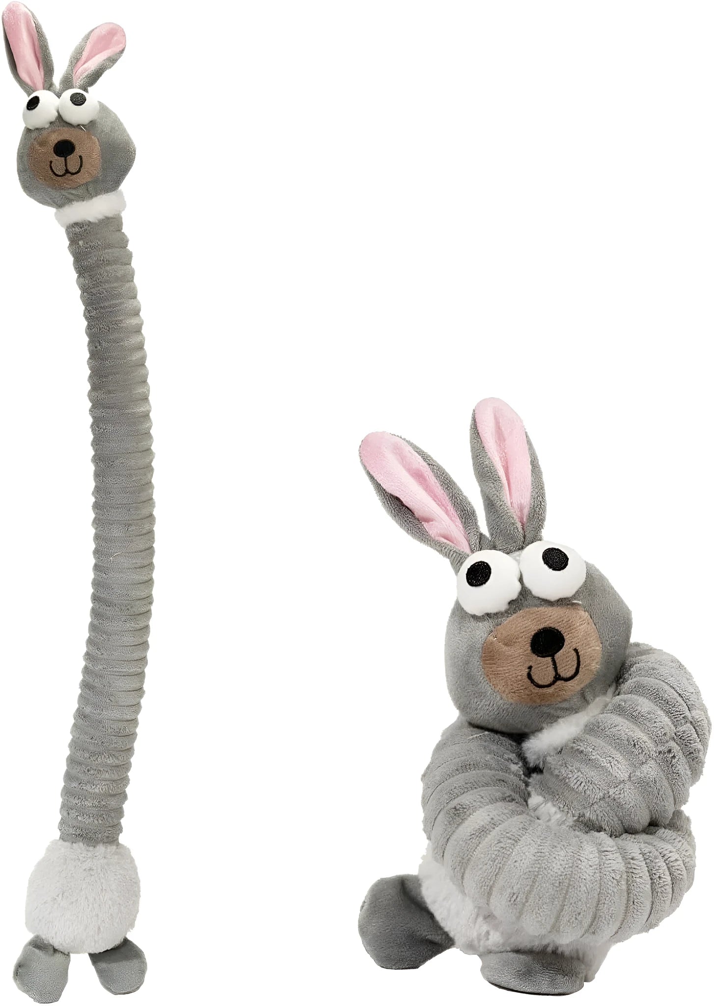 Brown, grey, and yellow plush stuffed dog toys with a squeaker and foldable design