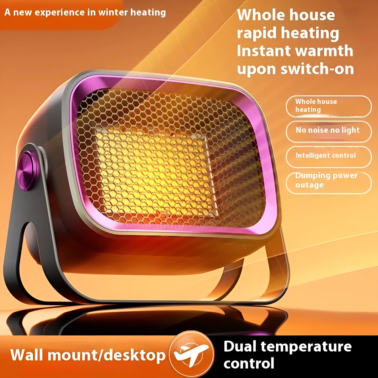 Compact desktop ceramic heater in grey colour with push-button controls