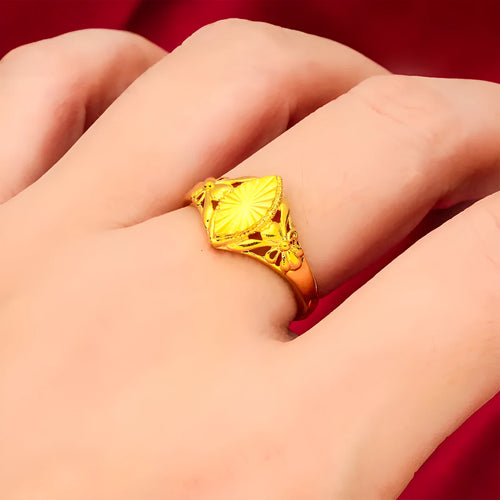 Gold electroplated open geometric flower ring with textured brass construction