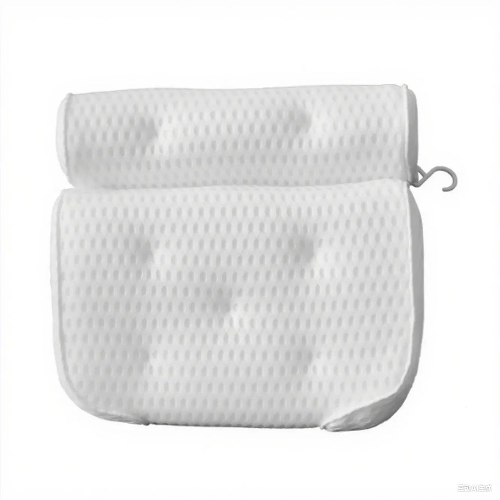 White 3D mesh bathtub pillow with seven suction cups on a bathtub.