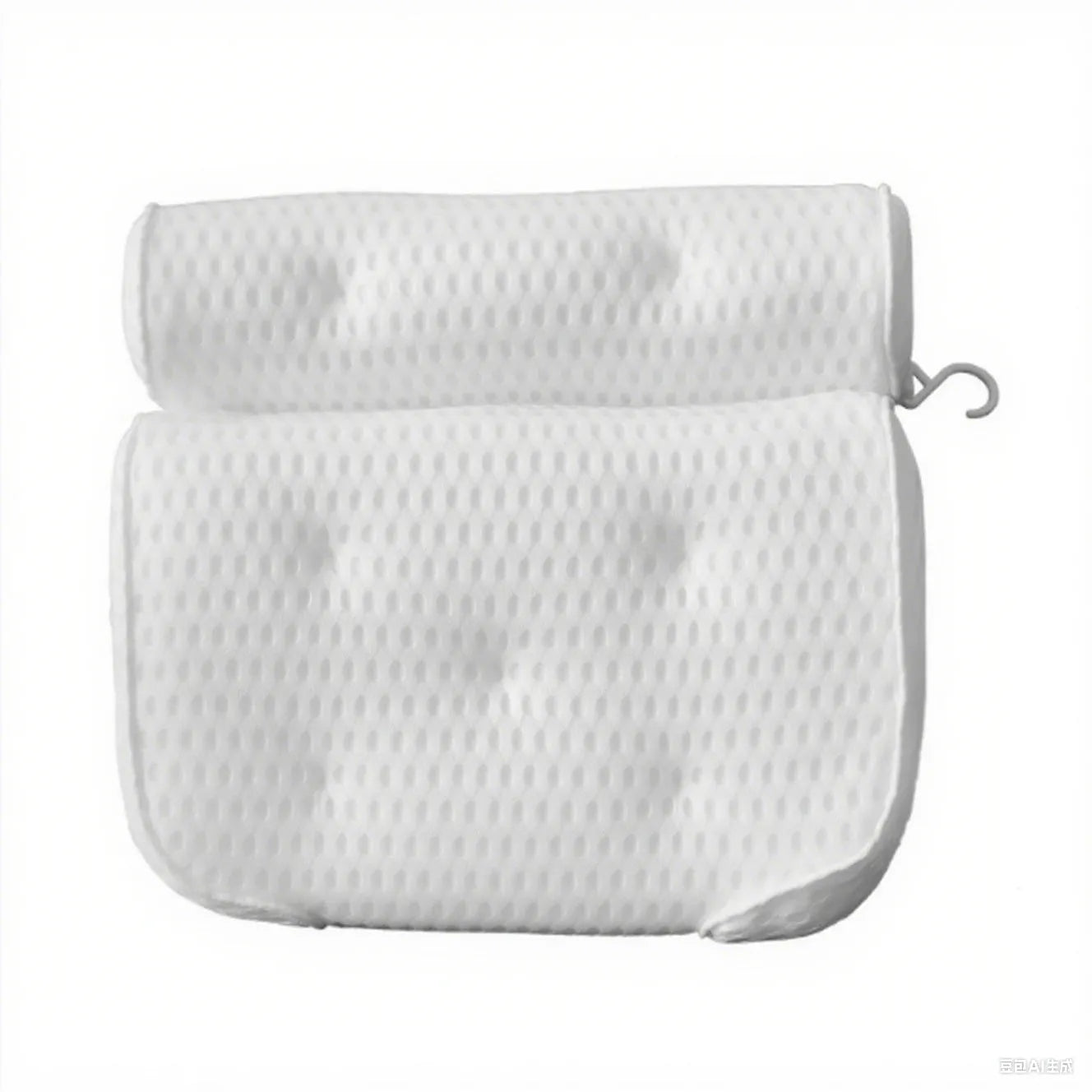 White 3D mesh bathtub pillow with seven suction cups on a bathtub.