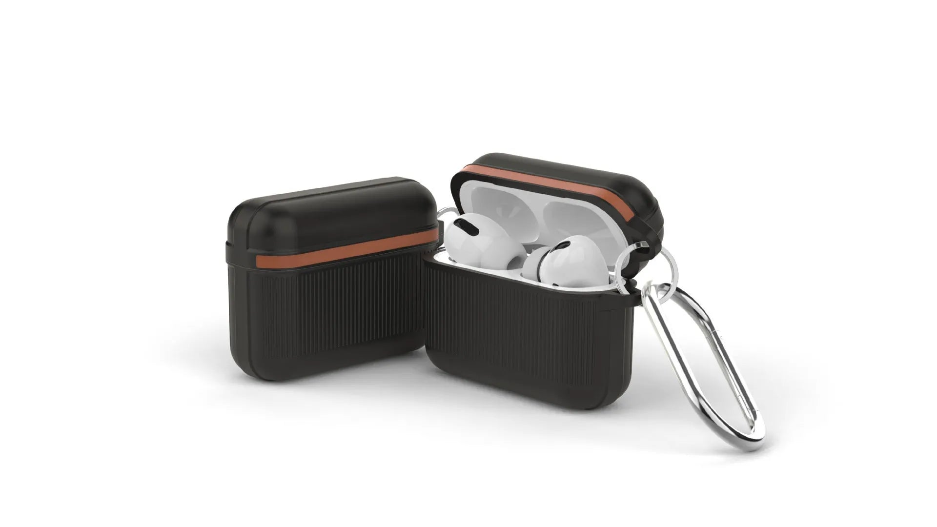 Silicone protective case for Apple AirPods with metal buckle, shown in various solid colours.