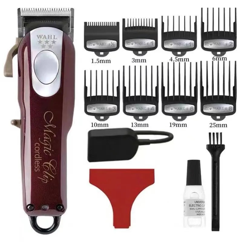 Cordless rechargeable hair clipper with stainless steel cutter head for home use.
