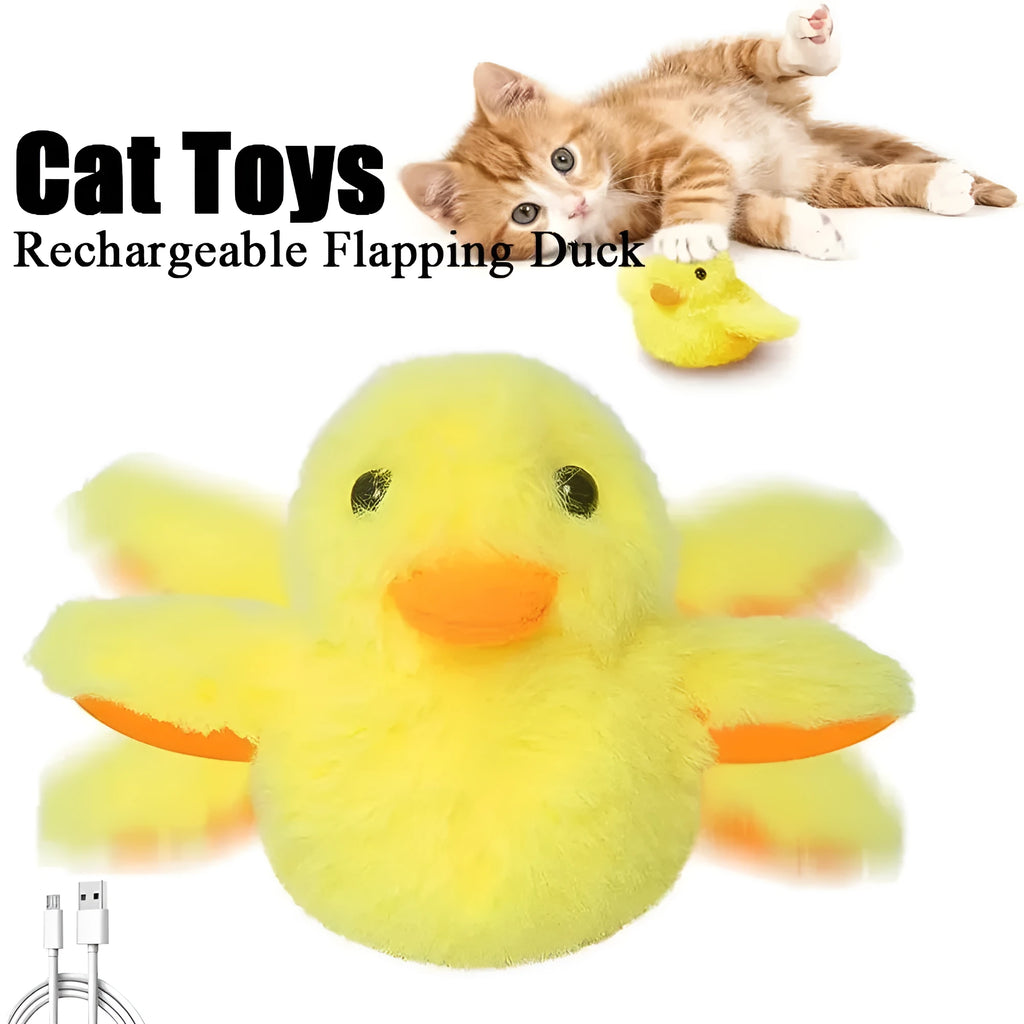 Yellow chick-shaped rechargeable cat plush toy with a removable cover and USB cable.
