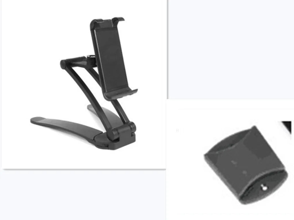 Silver aluminium alloy desktop tablet stand holding a tablet, showing 360-degree rotation adjustment.