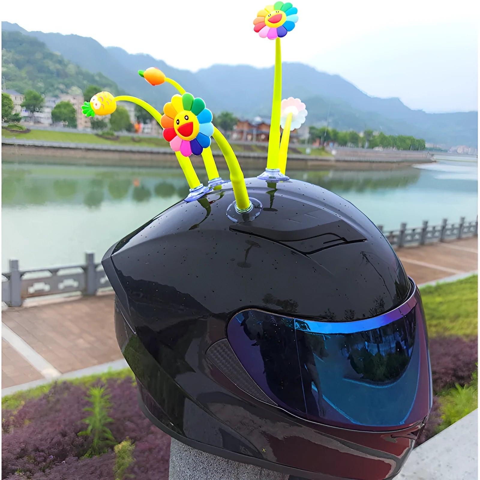 Silicone sunflower helmet decoration with suction cup attachment for motorcycle bicycle helmets