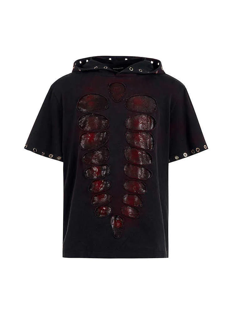 Black men's hooded T-shirt with sequin design and short sleeves in loose-fitting style