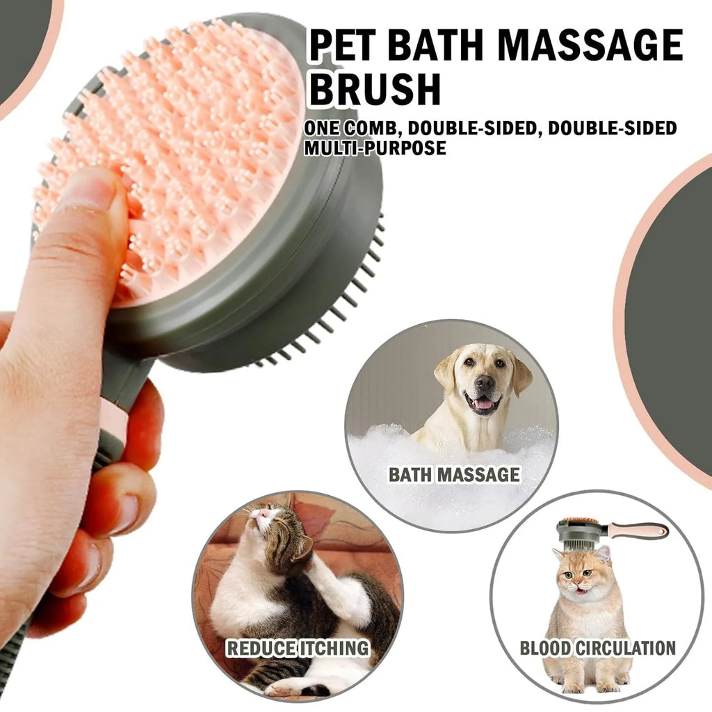 Double-sided cat grooming brush with release button in green and pink colour options