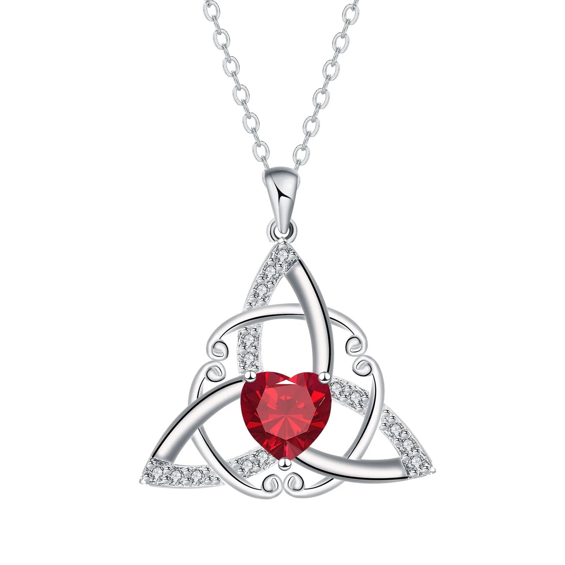 Close-up of a women's Celtic knot pendant necklace with geometric design in a choice of blue, lvzuan, red diamond or white diamond colour.