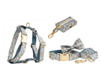 Blue floral patterned polyester cotton dog collar with adjustable fastener and coordinating accessories
